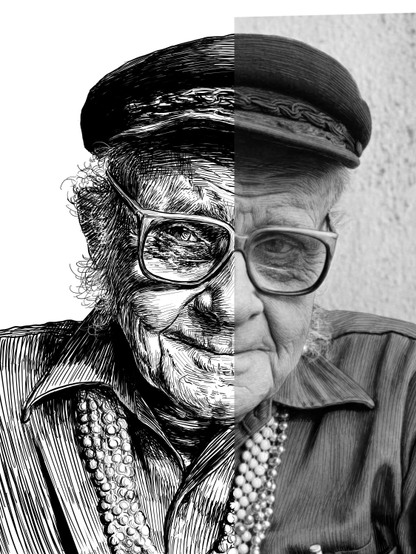 Black and white drawing of a man named Harry Hay, with the right half of the image being the reference.