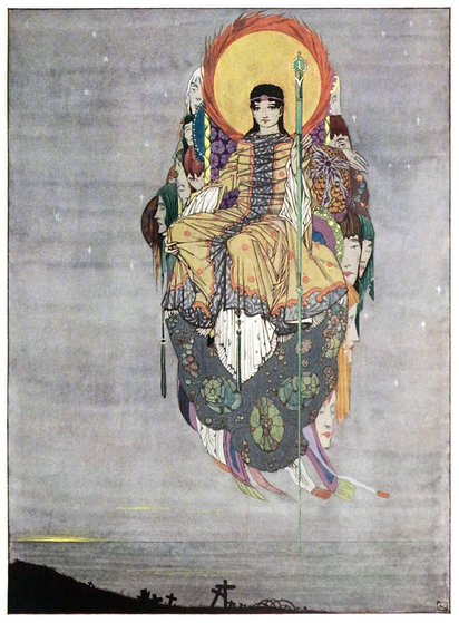 A figure whose head is surrounded by a halo is seated on a throne suspended in midair, seemingly supported by oversized floating faces. Beneath it is a slope dotted with crosses that leads to the sea.