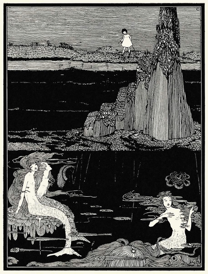 Mermaids float leisurely at the surface of the sea while a girl stands on the distant shore, a rock rising between them.