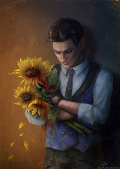Sherlock Holmes from SH Chapter One by Frogwares, holding bleeding sunflowers.