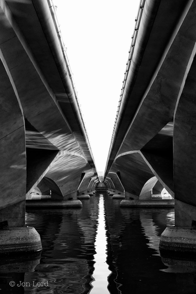 This is a black and white abstract photo of the underside of two parallel, concrete 'brutalist' road bridges that span a river. Singapore (2012).

Rising upwards and away from the base of the image is a body of ink black, still water, with just a few small ripples disturbing the surface. Stretching away from the camera from both the left and right edges of the photo are the concrete supports and road deck of these two parallel and identical bridges. There are six supports that are resting on a rounded, lozenge shaped, bases. The supports are partly curved with straight, almost machined edges. A nondescript and mostly out of view deck rest on top. The inside edges of the deck, while parallel in reality, form a sharp 'V' shape with the sharp point being in the distance. The sky above is exposed to all white, devoid of any detail. This forms a white, slightly rippled reflection in the water below, though strangely, unlike the 'V' shape above, the reflection appears as a broad, say one metre wide, parallel stripe along the surface of the river. 

The Bridge: The Esplanade Bridge spanning the Singapore River.