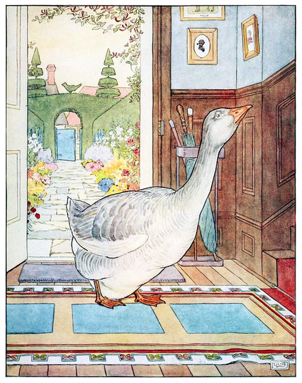 Through a series of open doors, a gander has made its way up an alley and into the entrance hall of a house, where it stands looking up the staircase.
