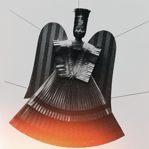 a square black and white image showing a brass angel hanging over the street as a special kind of christmas decoration. there's some red warm glow coming from the bottom of the frame