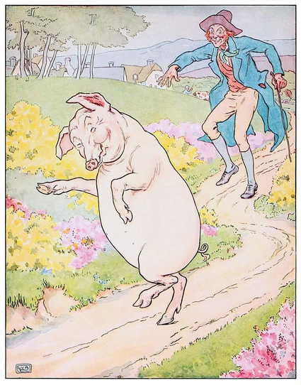 A grinning pig walks on its hind legs along a winding country road lined with colorful vegetation, followed by an equally jovial man.