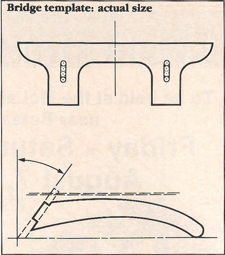 A 2d sketch of a banjo bridge from FRETS Magazine. The images can be cut out of paper and used to make a 3d bridge.
