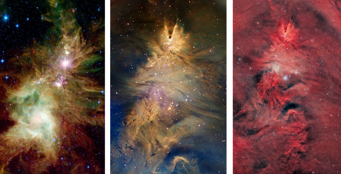 Three views of the Christmas Tree Cluster, highlighting infrared (left), x-rays (middle), and H-alpha (right). 