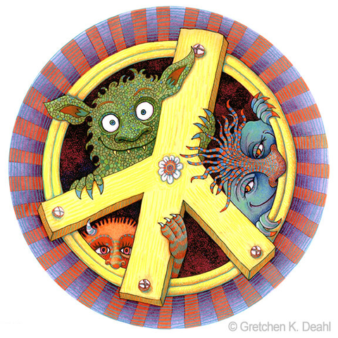 On a white background, three smiling monsters, green, orange and blue peak out from behind an iconic peace sign. (Full image)