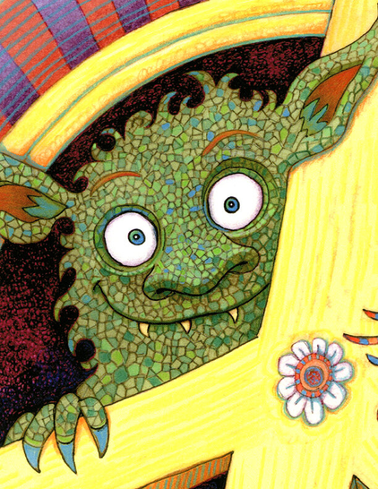 On a white background, three smiling monsters, green, orange and blue peak out from behind an iconic peace sign. (Partial image)