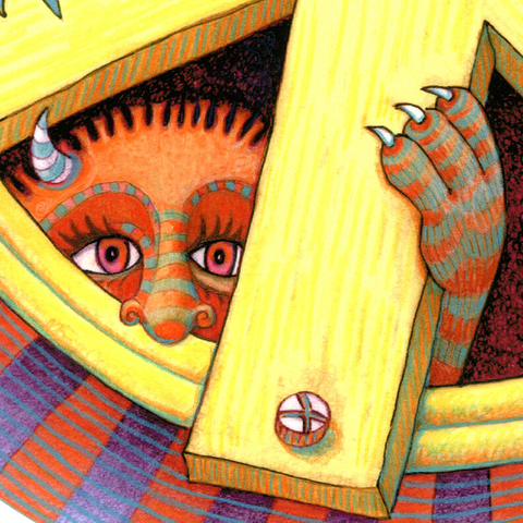 On a white background, three smiling monsters, green, orange and blue peak out from behind an iconic peace sign. (Partial image)