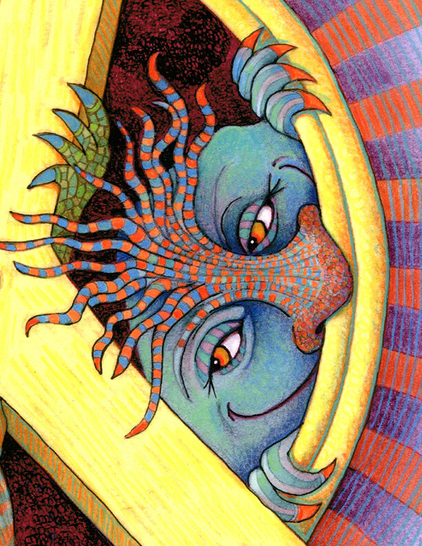 On a white background, three smiling monsters, green, orange and blue peak out from behind an iconic peace sign. (Partial image)