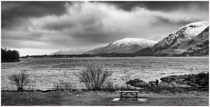 A black and white landscape featuring a calm expanse of water surrounded by snow-capped mountains under an overcast sky. In the foreground, a solitary bench is visible near the water's edge, with sparse vegetation nearby.