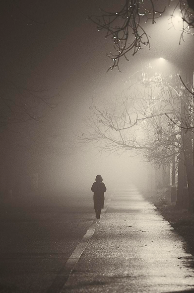 A lone figure, seen from behind as a dark silhouette, walks down the centre of a paved path into dense mist. Bare tree branches arch overhead and dimly lit streetlamps glow through the thick fog, which hides the background and creates a quiet, isolated atmosphere. The wet ground reflects the soft light, suggesting recent rain, and the image is rendered in warm sepia tones.