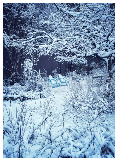 Photo of a snow-covered community garden. In the distance at the center of the image are two teal plastic lawn chairs with curved backs and armrests, their upper surfaces coated in inches of snow. The chairs are surrounded and visually framed by the garden’s plants and trees, all with dark leafless branches outlined and emphasized by their snowy coverings. At the garden’s far end is the dark brick facade of a building. The scene has a magical, enclosed snow-globe feel, like the setting for the beginning of a fairy tale.