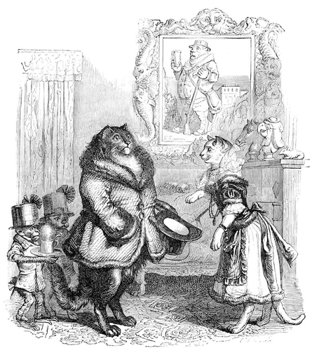 A lady cat greets a posh and elegant male guest in her parlor.