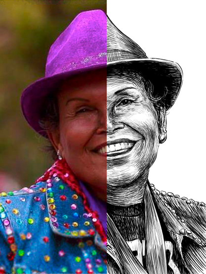 Black and white drawing of Felicia Flames, with the left half of the image being the reference.