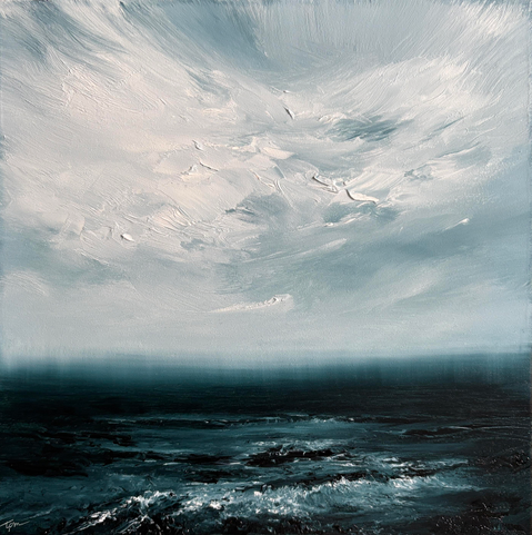 Original seascape oil painting by Tisha Mark, "To Dream by the Sea No. 2508" 8"x8" oil on Ampersand Gessobord (2025). An atmospheric textured seascape with white cloud formations over a dark blue sea with a rocky shore.