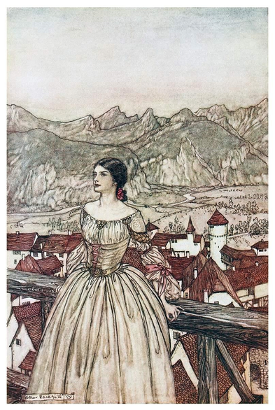 A young woman stands on a balcony overlooking a city surrounded by mountains as she leans back on the wooden parapet.