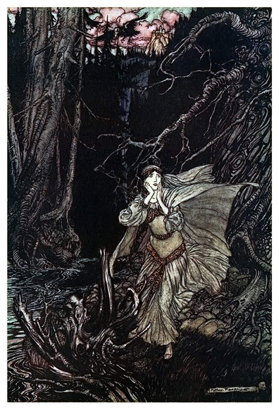 A young woman, her cape and dress billowing around her, stands in a dark forest with her hands on her cheeks, looking scared.