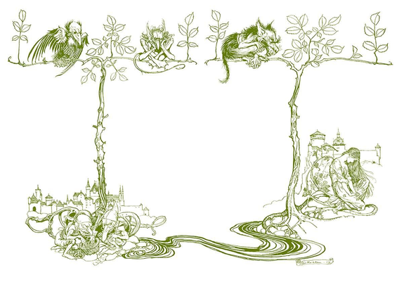 Illustrated endpapers from Undine, joined together to restore the continuous image, showing strange creatures and animals perched on branches and looking down at two gnomes and a young woman.