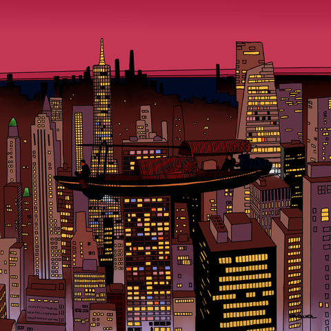 A junk (boat) soaring across the night sky above a metropolitan skyline, with one pilot at the back and one figure dressed in black at the front. This is a comic book style colored drawing.