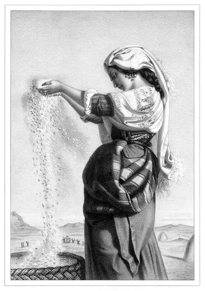 Low-angle profile view of a woman in traditional Italian dress winnowing wheat over a basket.
