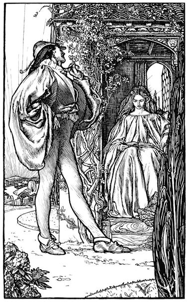 A man stands outside a gazebo while a woman sits reading inside, seemingly unperturbed as he plays the gallant.