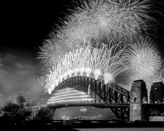 Black and white 4x5 large format photo if the 2024/2025 Sydney New Years fireworks. 