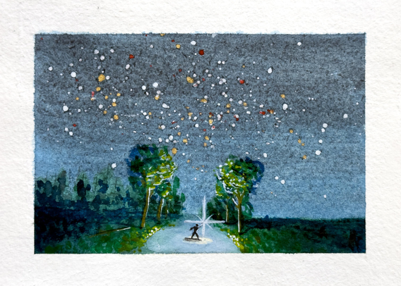 Watercolour painting of a figure on a road at night. 