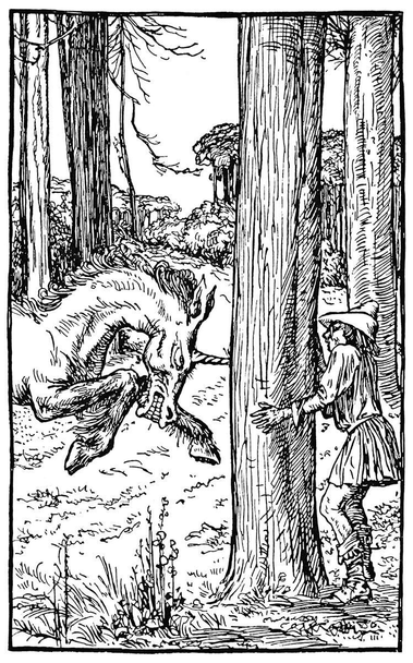 A fierce and angry unicorn charges at a man hiding behind a tree, driving its horn into the tree trunk.