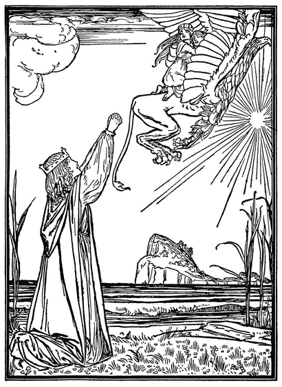 A crowned young woman kneels by the seashore in an imploring posture while a griffin flies away with a prince and princess on its back.