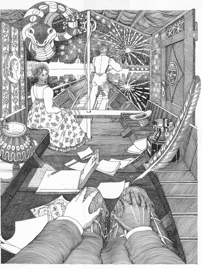 Zeit des Biedermeier (19. Jh.). Blick aus einem überdachten Kahn, der von einem Schiffer bei Nacht über die Elbe in Dresden gerudert wird. Im Vordergrund werden die Beine und Hände desStudenten Anselmus sichtbar, der die hübsche Veronika betrachtet, die mit ihm im Kahn sitzt. Über ihr schlängelt sich unbemerkt eine große Schlange auf den Betrachter zu. Im Hintergrund explodiert ein prachtvolles Feuerwerk über der nächtlichen Stadt.