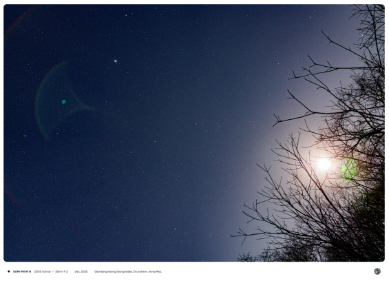 2026년 1월 1일 밤 건봉령 승호대에서 촬영한 밤하늘 사진. 나무가지 사이로 밝은 달빛이 비치고 있고, 그 옆으로 넓게 별무리가 펼쳐져 있음.