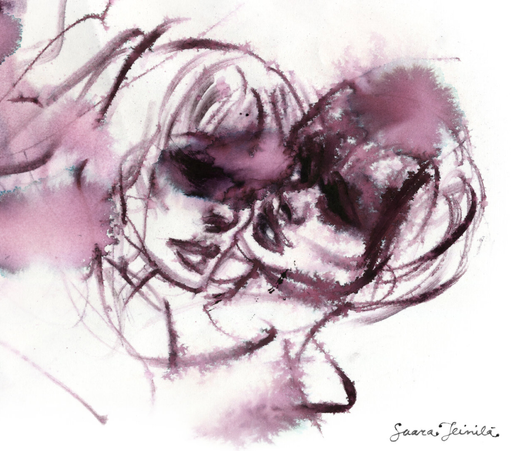 An emotional ink portrait of two women cuddling