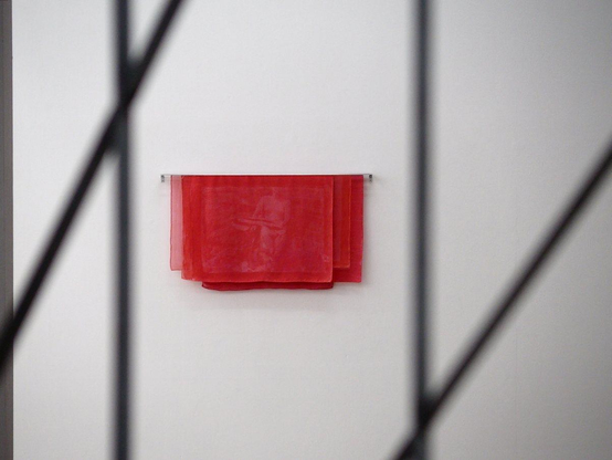 red sheets on a wall seen through blurred steel bars