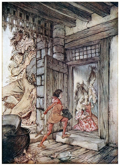 A boy carrying a bunch of large keys has entered a gate and walks into a room where three women are kept prisoners, their hair tied to hooks sticking out of the wall. Outside the gate, two giants can be seen, unable to interfere.