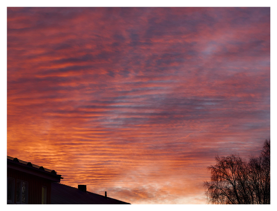 En liggande bild på himmelen vid soluppgång. Himmelen är helt täckt av vågor av moln och är orange med inslag av lila. Nere till vänster är en silhuett av ett hus och nere till höger av några träd.