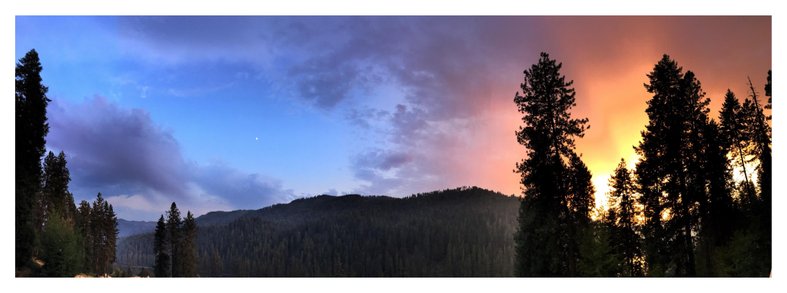 Panorama photo of a breathtaking Idaho landscape at sunset. Fir trees stand in the foreground at left and right, and forested hills swell in the distance, under an evening sky with clouds. The sun sets at right frame, behind the silhouettes of towering trees, and casts a golden glow on half the sky while leaving the other half a deep blue. Here, a tiny moon rises, surrounded by low shadowy clouds.