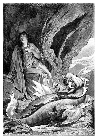 A woman sits in a cave high in the mountains with a dragon at her feet.