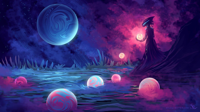 Space! We are witnessing an alien on the right side surrounded by purple-pink fog. It is tending its attention to the rather cold universe. This creature is a creator, guardian, and protector of the planets holding and spending time with each new world. There is no rush. Good things take time to evolve. We can see several tiny planets floating in a sacred and ancient ocean. Every globe has a good start for building a new world for unknown civilizations. The planets will leave this protected space once they reach their unique temperature and atmosphere. This way all variations of different lifeforms can exist, helping each other to reach their full potential. In the background, we can see one of the planets heading into space. It will return to the galaxy ocean when its time has come in a billion years.

https://www.deviantart.com/sylviaritter/art/Speedpainting-15122024-1134206785