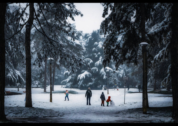 Photo of a snow-covered park. Tall trees frame the scene on either side, their branches heavy with snow. In the foreground, a family is visible. Two children appear to be building a snowman, while an adult stands nearby, watching. Other figures are scattered throughout the park, some walking and others engaged in winter activities (like making other snowmen). The ground is entirely covered in snow, and the trees in the background add to the winter wonderland scene. Street lamps are also visible.