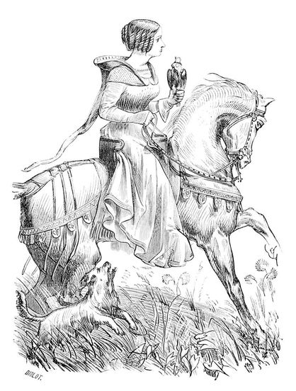 A lady rides horseback with a sparrowhawk perched on her fist and a bird dog by her side. This illustration was created based on a manuscript of Le livre du roy Modus from the mid-fourteenth century.