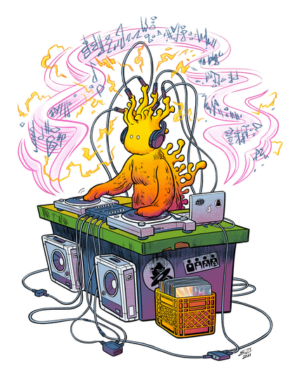 An illustration of an anthropomorphic fungus DJ, resembling enoki mushrooms or cordyceps fungus, wearing headphones and mixing records on two turntables. He has several electrodes hooked to his fungal protrusions which are creating noise that he is mixing into his set. Several stickers depicting EDM labels can be seen, including Ninja Tune, Clone, Warp Records, and Ghostly International.