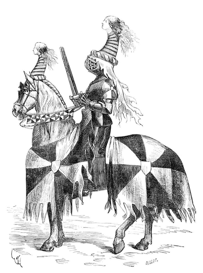 A fifteenth-century knight is fully equipped and ready for the tournament. His caparisoned horse and helmet are adorned with matching hats, each featuring a miniature woman's head.
