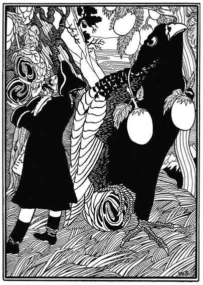 A man cuts a large fruit hanging from a tree in half with his knife while a bird taller than he stands disapprovingly at his side.