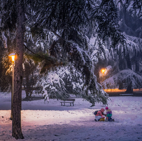 The photo is of a serene winter scene in a park in Bologna, with a heavy blanket of snow covering the ground and trees. Two children are kneeling in the snow, trying to make a snowman if I remember correctly. A lone park bench sits nearby, dusted with snow. The warm glow of two street lamps is visible and reflected on the fallen snow which casts a gentle light on the scene.