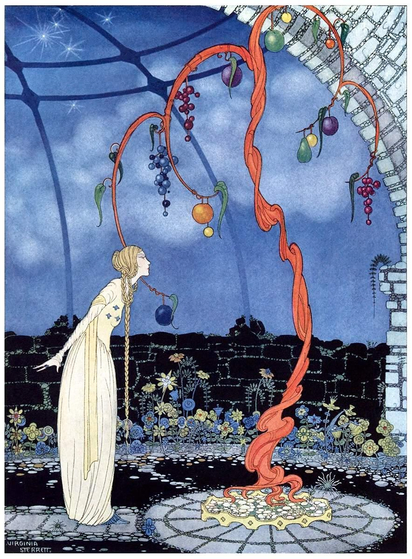 A young woman is seen from the side standing in a greenhouse, at night, facing a slender, convoluted tree that bears a variety of fruit.