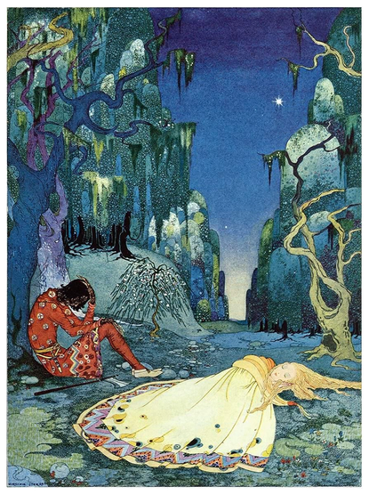 A girl lies asleep, sprawled on the mossy forest floor, while her companion reclines against a tree and a star shines in the sky.
