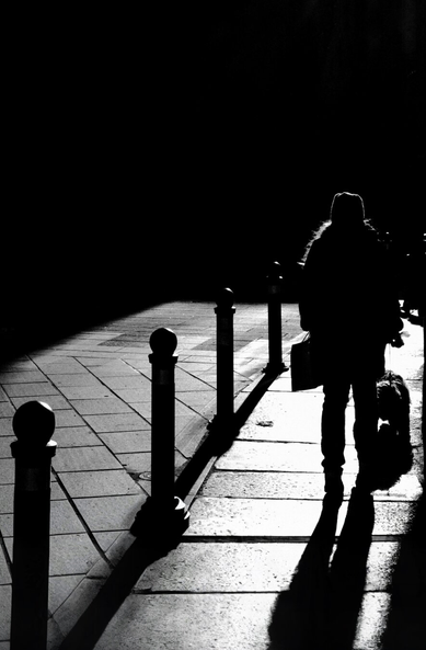 This photo is a high-contrast black and white photograph featuring a person walking a dog on a foothpath. The scene is strongly lit, with the light source behind the person, creating a silhouette effect. Several bollards stand along the edge of the foothpath, casting long shadows across the pavement. The person and dog, as well as the bollards, are depicted as stark black shapes against the bright ground.