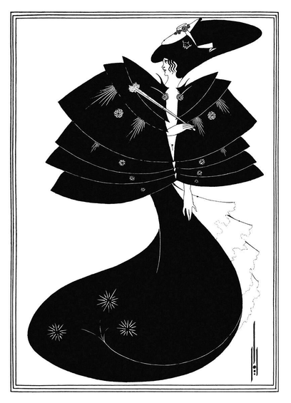 Line block print showing the S-shaped, excessively elongated figure of a woman in profile, wearing a black skirt and cape with sparse decorative motifs, and a tiny hat strapped to her extravagant hairdo.