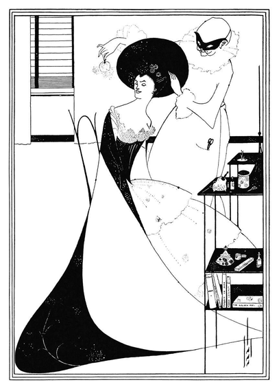 Salomé, dressed in an extremely flared gown, sits at a dressing table in the Anglo-Japanese style, while a bald coiffeur in a Pierrot costume and eye mask attends to her unwieldy hairdo. Among the books featured on the lower shelf of the table, one can see Nana by Émile Zola, works by the marquis de Sade, Manon Lescaut by abbé Prévost, and Apuleius’s Golden Ass.